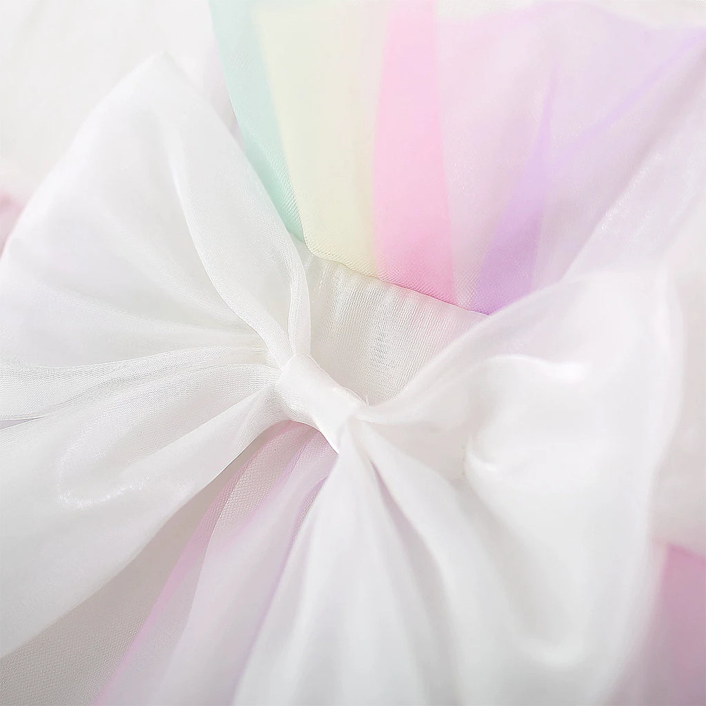 Girls White Rainbow Print Bow Applique Sleeveless Layered Dress Casual Dresses