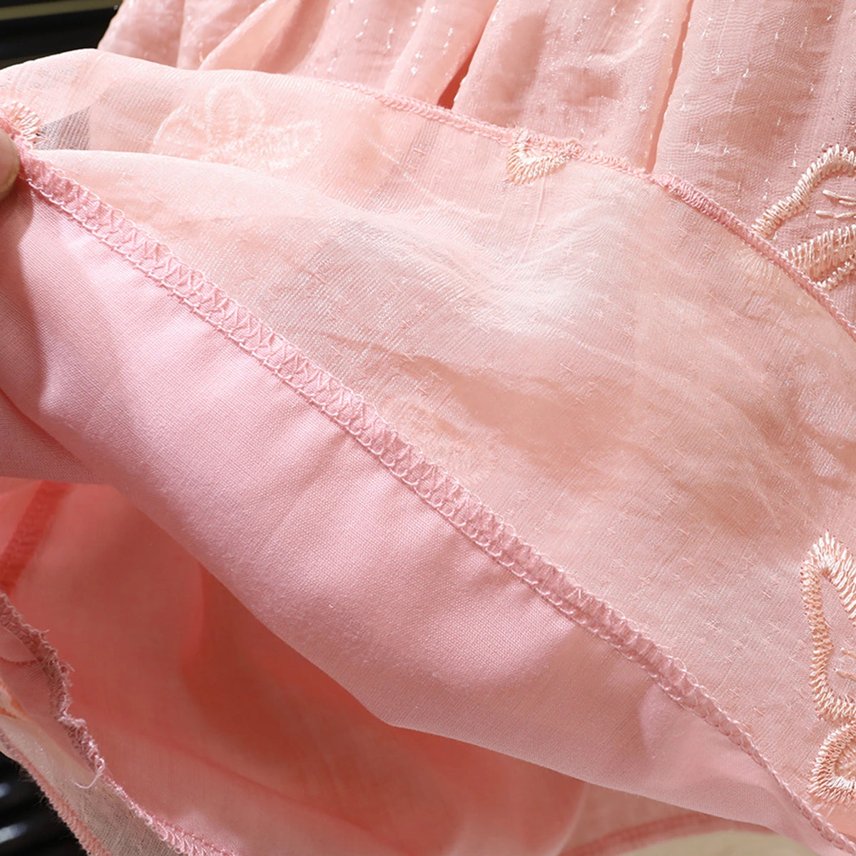 Girls Pink Embroidered Fit & Flare Dress With Puff Sleeves Casual Dresses