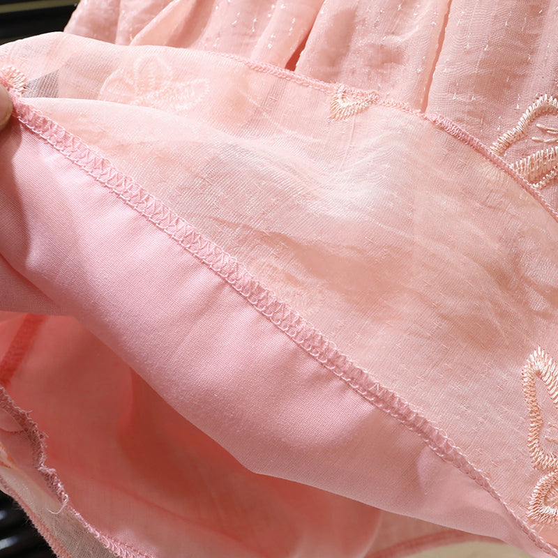 Girls Pink Embroidered Fit & Flare Dress With Puff Sleeves Casual Dresses