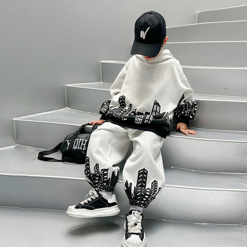 Boys Grey Printed Hooded Sweatshirt With Pants Sets 2 pc. Sets