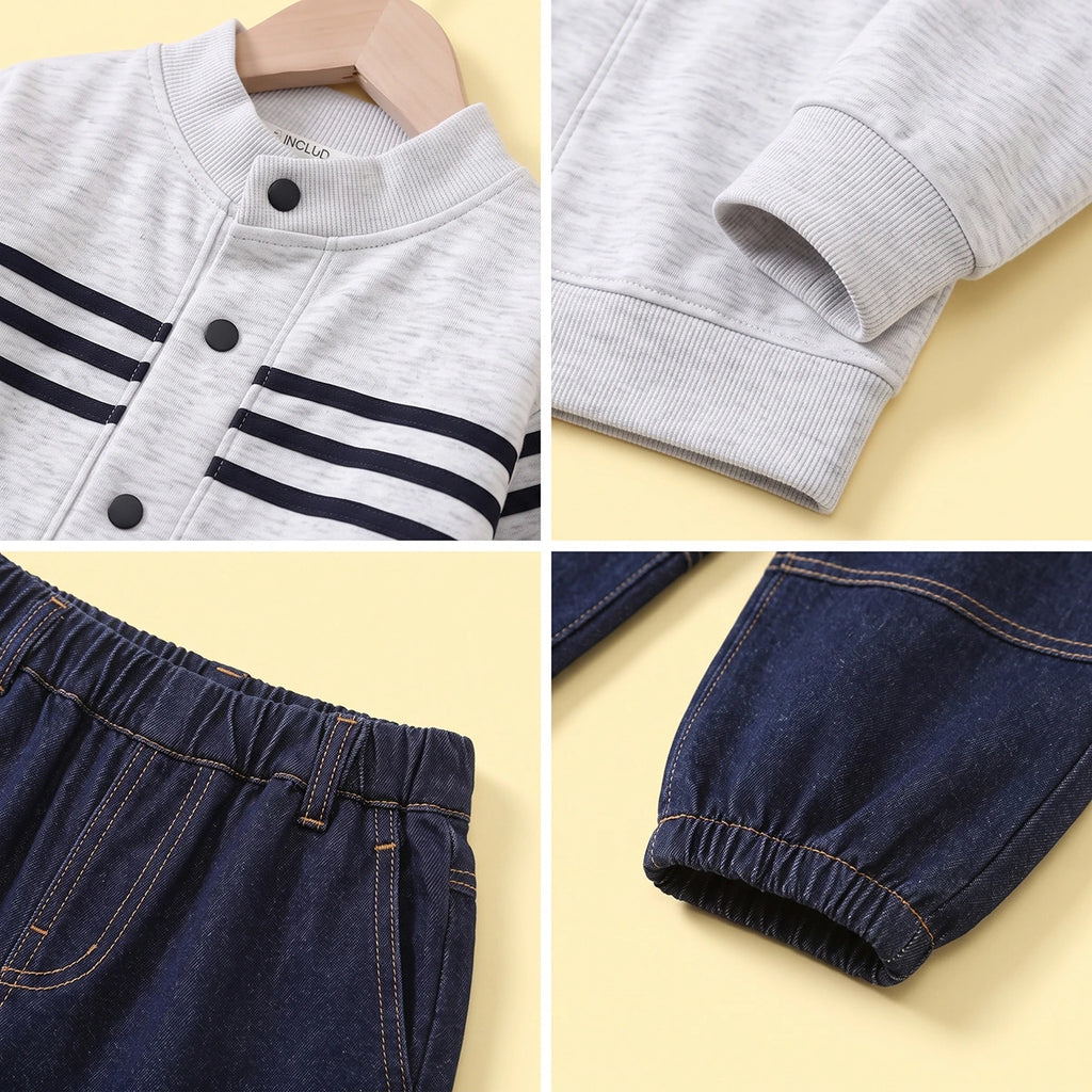 Boys Light Grey Striped Jacket With Denim Pants Sets Sets