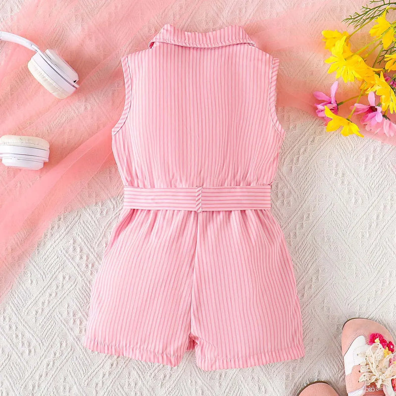 Girls Pink Striped Sleeveless Button-Front Belted Romper Jumpsuits