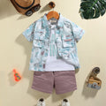 Boys Blue Abstract Printed Shirt With Shorts & T-Shirt Sets Sets Blue 6-12 M