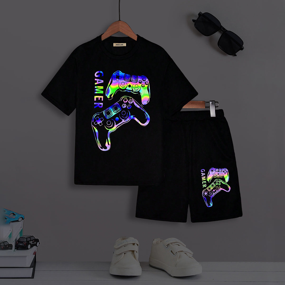 Boys Black Gaming Printed Short Sleeves T-Shirt With Shorts Set 2 pc. Sets