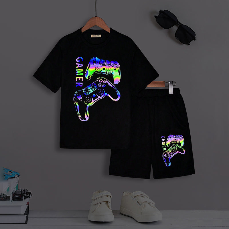 Boys Black Gaming Printed Short Sleeves T-Shirt With Shorts Set 2 pc. Sets