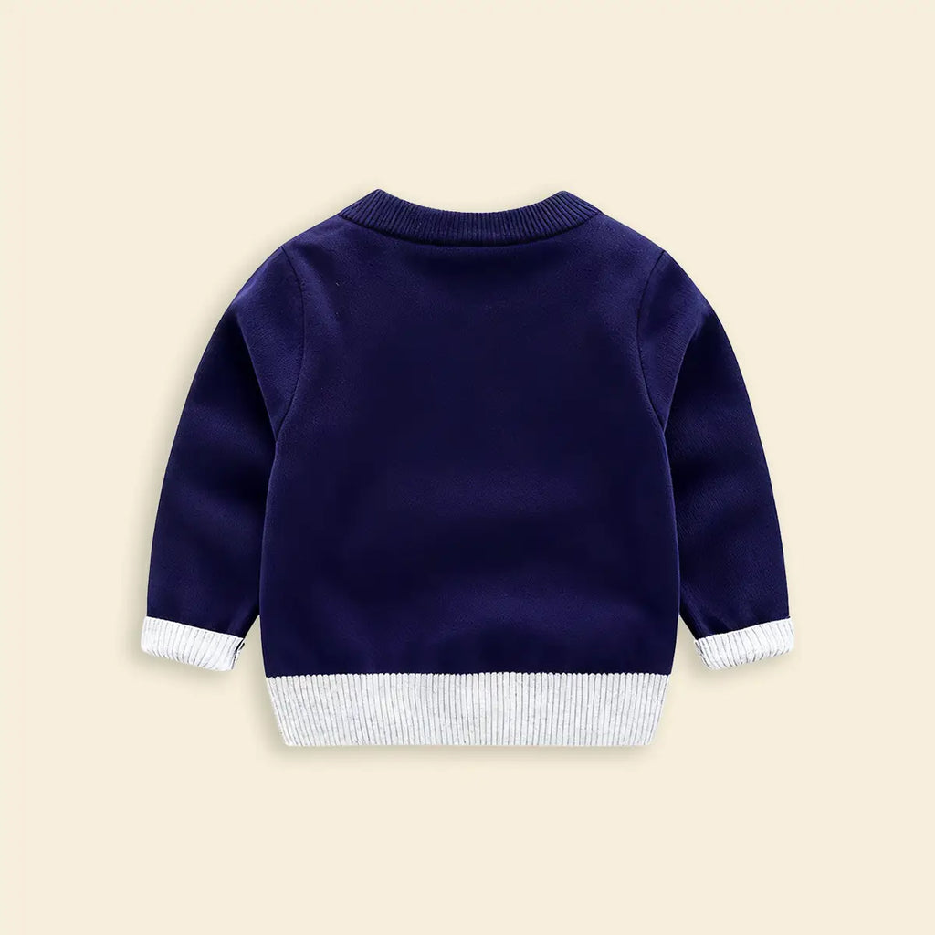 Boys Navy Blue Self-Design Elephant Pattern Knitted Sweater Sweaters & Cardigans