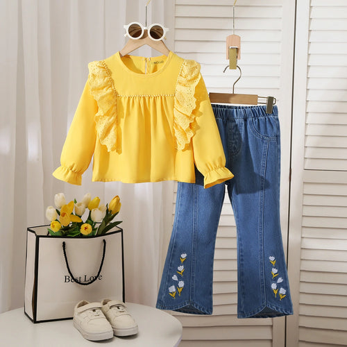 Girls Yellow Long Sleeve Top With Denim Pants Sets 2 pc. Sets Yellow 4-5 Y