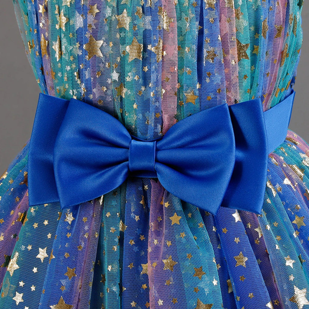 Girls Royal Blue Star Foil Print Sleeveless Fit & Flare Party Wear Dress Party Dresses