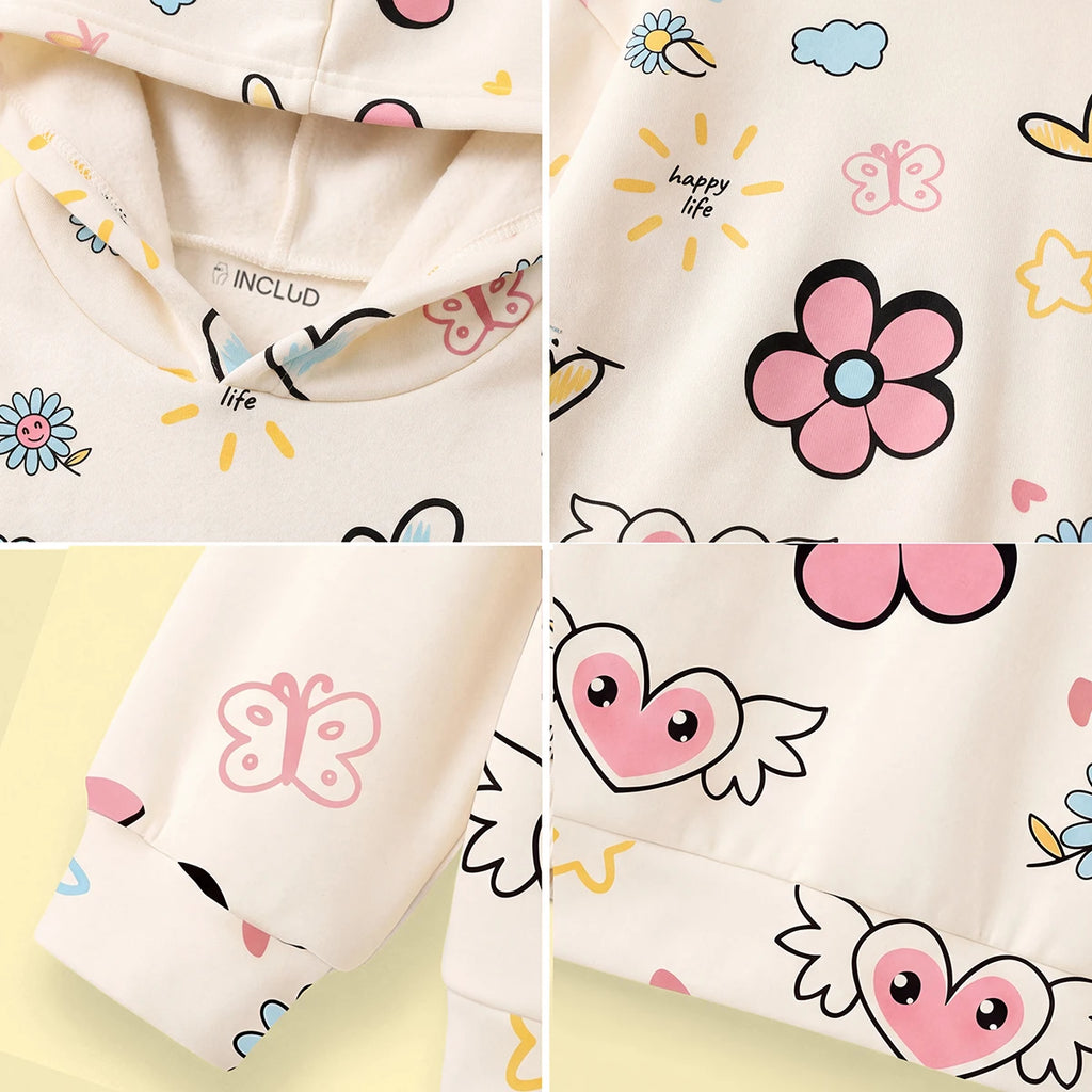 Girls Off White Floral Print Long Sleeve Hoodie Sweatshirts & Hoodies