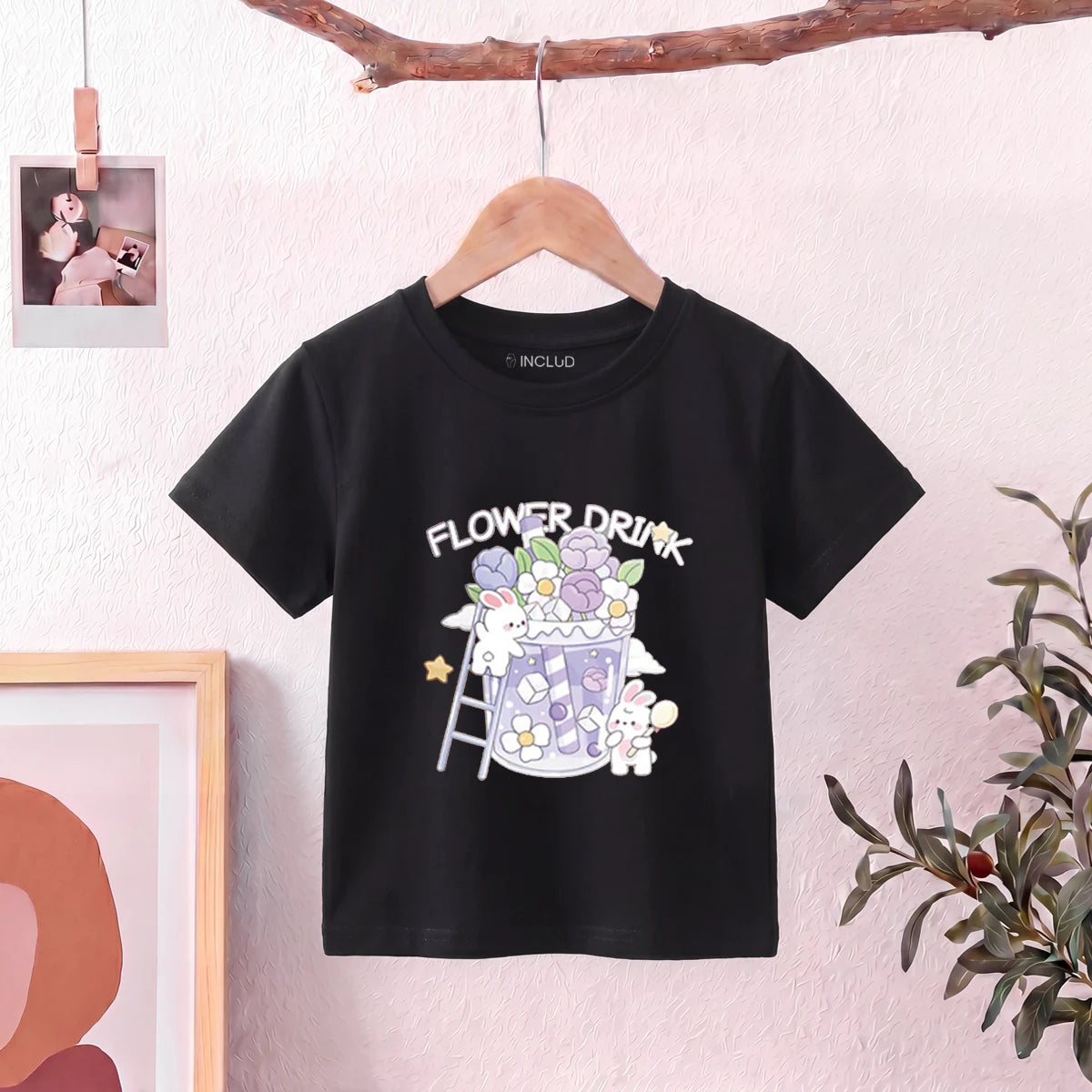 Girls Black Short Sleeve Floral Print T-Shirt Tshirts Black 1-2 Y