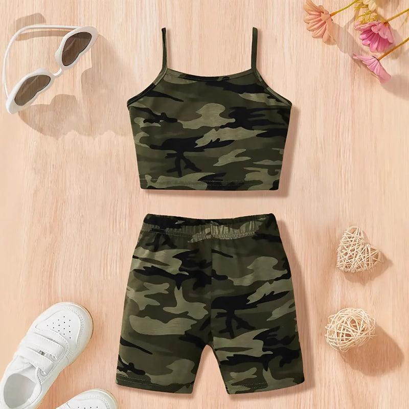 Girls Army Green Camouflage Printed Crop Top With Shorts Sets 2 pc. Sets