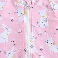 Girls Pink Rabbit Printed Half Zipper Swimwear Bodysuit Beachwear
