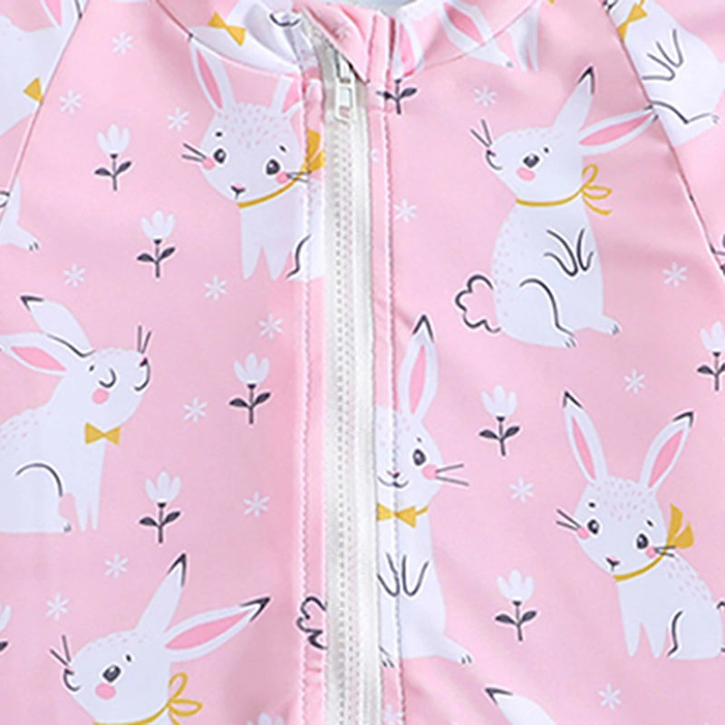 Girls Pink Rabbit Printed Half Zipper Swimwear Bodysuit Beachwear