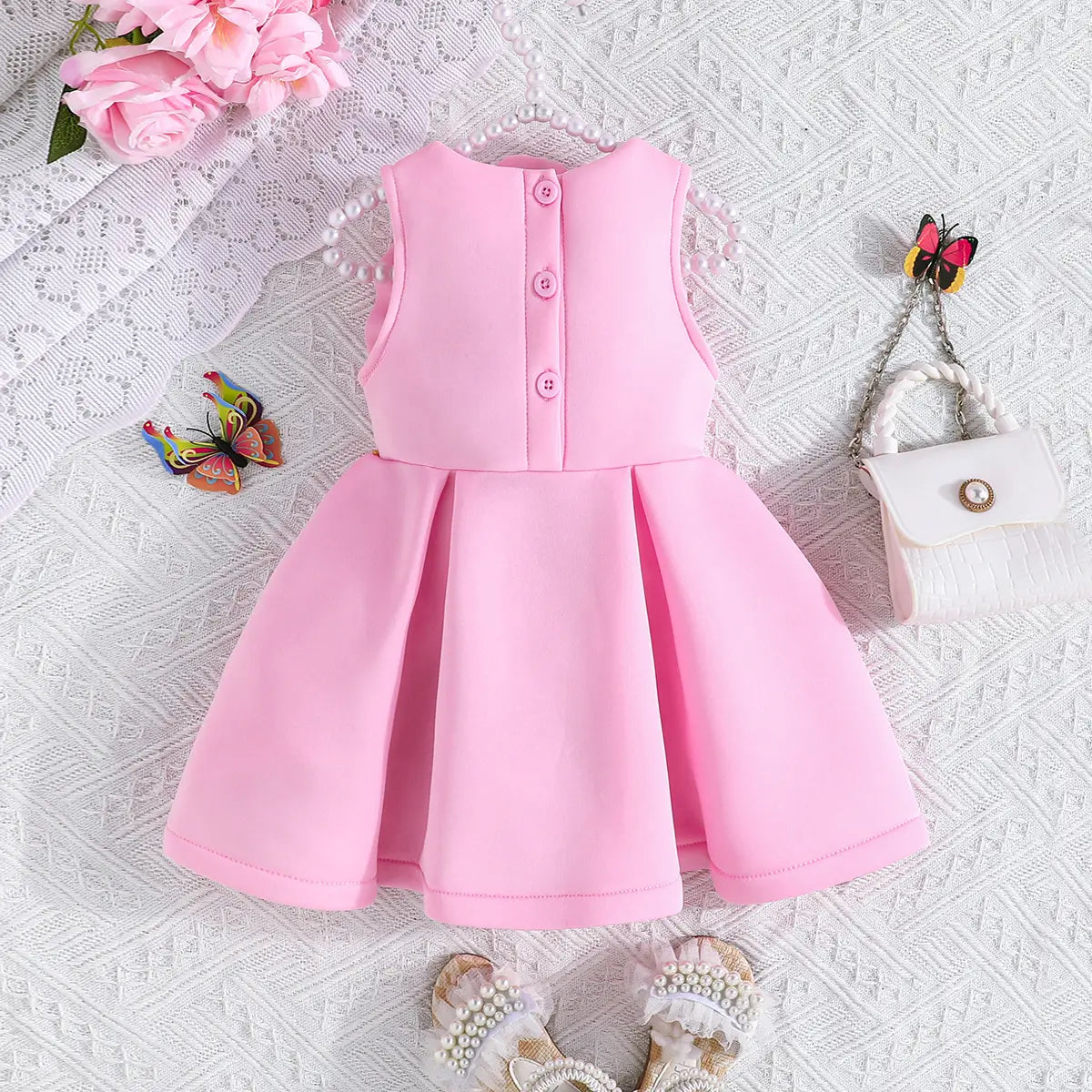 Girls Adorable Light Pink Sleeveless Dress with 3D Flower Embellishment Casual Dresses