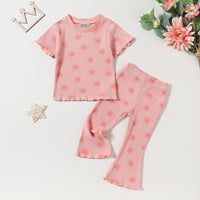 Girls Rib Knit Floral Printed Top With Flared Pants Set Sets Pink 1-2 Y 