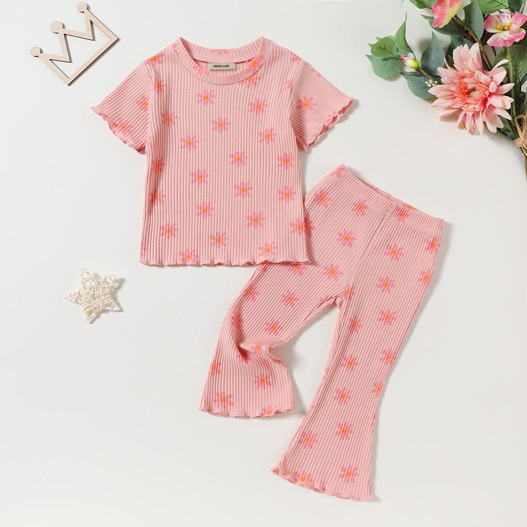 Girls Rib Knit Floral Printed Top With Flared Pants Set