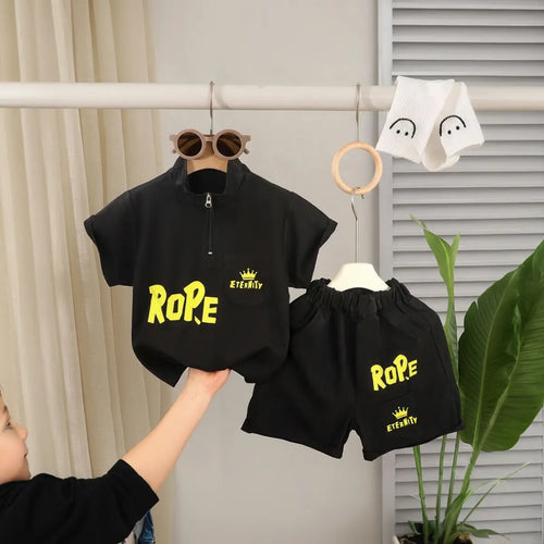 Boys Black Typographic Printed Short Sleeve T-Shirt With Elasticated Shorts Sets 2 pc. Sets Black 1-2 Y