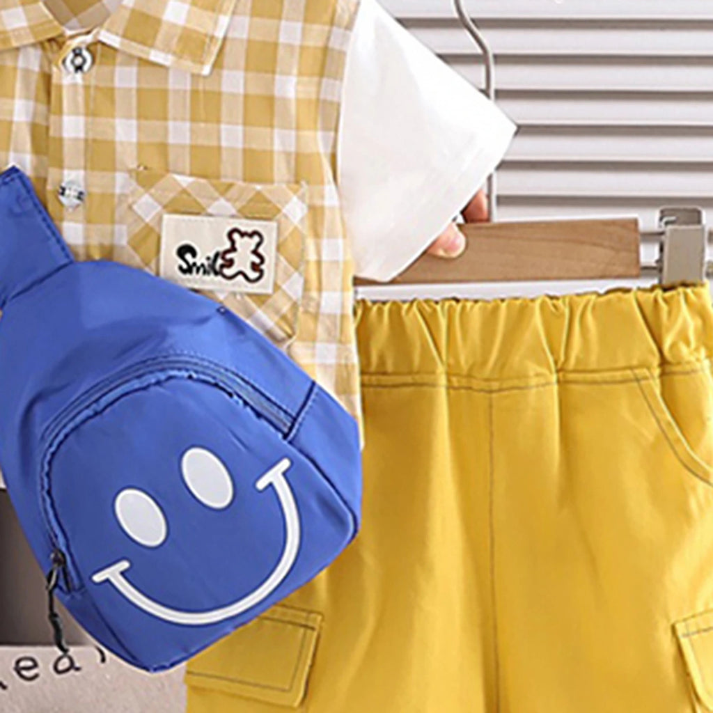 Boys Yellow Checked Shirt With Shorts & Sling Bag Sets Sets