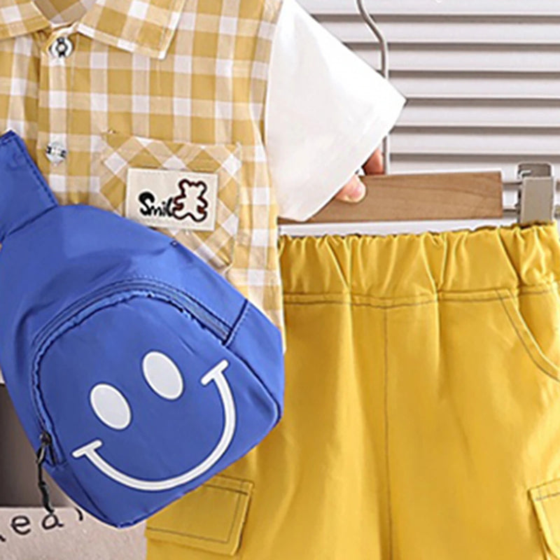 Boys Yellow Checked Shirt With Shorts & Sling Bag Sets Sets