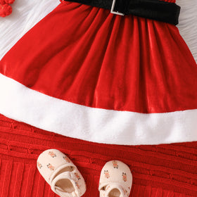 Girls Red Velveteen Sleeveless Christmas Santa Dress with Cap & Belt Party Dresses