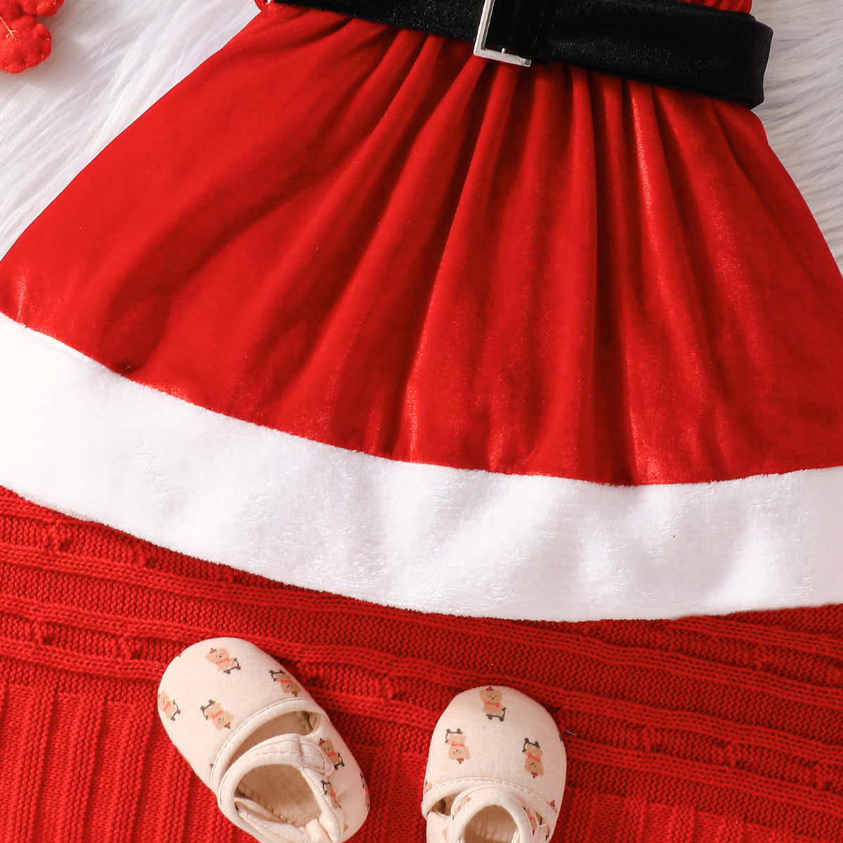 Girls Red Velveteen Sleeveless Christmas Santa Dress with Cap & Belt Party Dresses