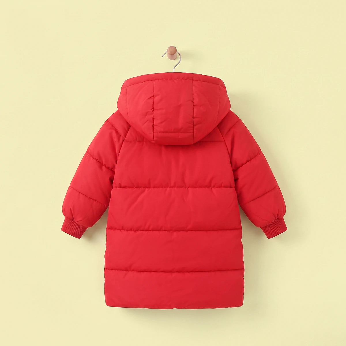 Girls Red Solid Puffer Hooded Long Jacket Coats & Jackets