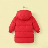 Girls Red Solid Puffer Hooded Long Jacket Coats & Jackets