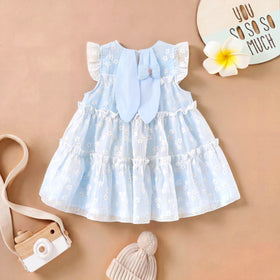 Girls Light Blue Floral Print Bunny Ear Applique Tiered Dress Casual Dresses