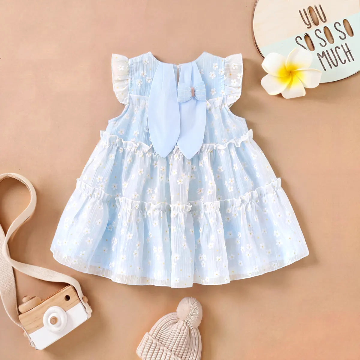 Girls Light Blue Floral Print Bunny Ear Applique Tiered Dress Casual Dresses