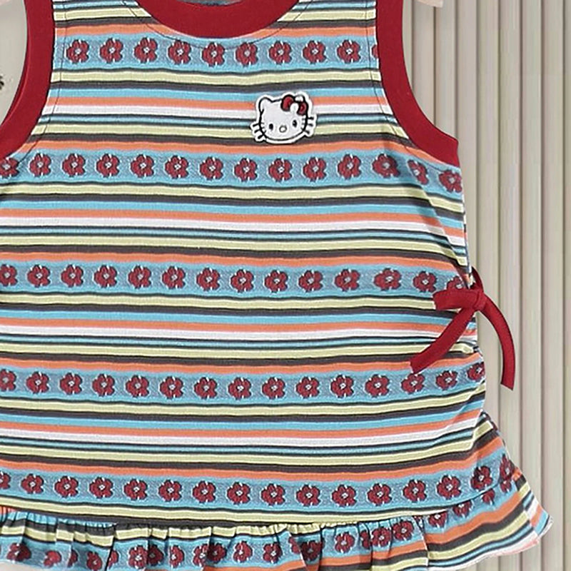 Girls Multicolor Striped Hello Kitty Ruffle A-line Dress Casual Dresses