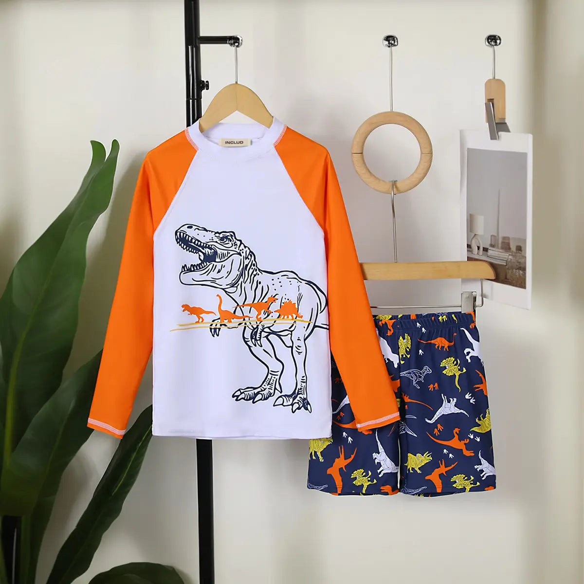 Boys White Dinosaur Printed Long Sleeves T-Shirt & Shorts Swimsuit Sets Sets White 7-8 Y