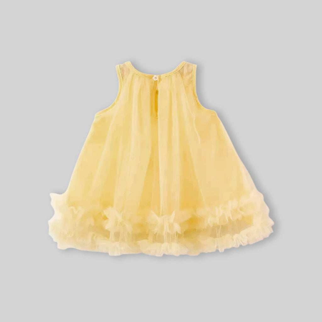 Girls Lime Yellow Flower Applique Tulle Overlay Sleeveless A-line Dress Casual Dresses