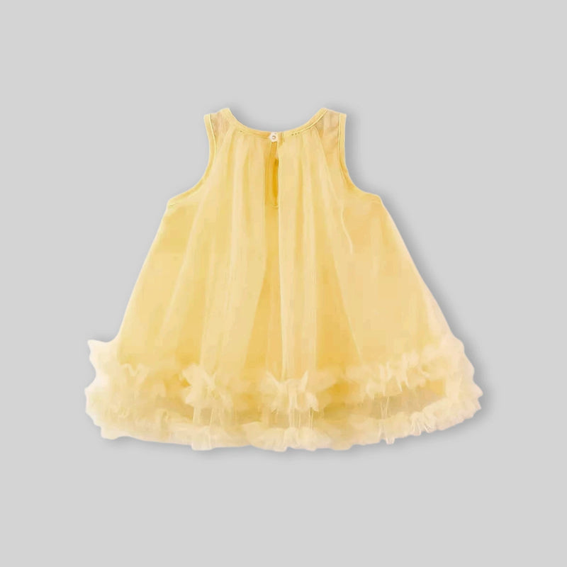 Girls Lime Yellow Flower Applique Tulle Overlay Sleeveless A-line Dress Casual Dresses