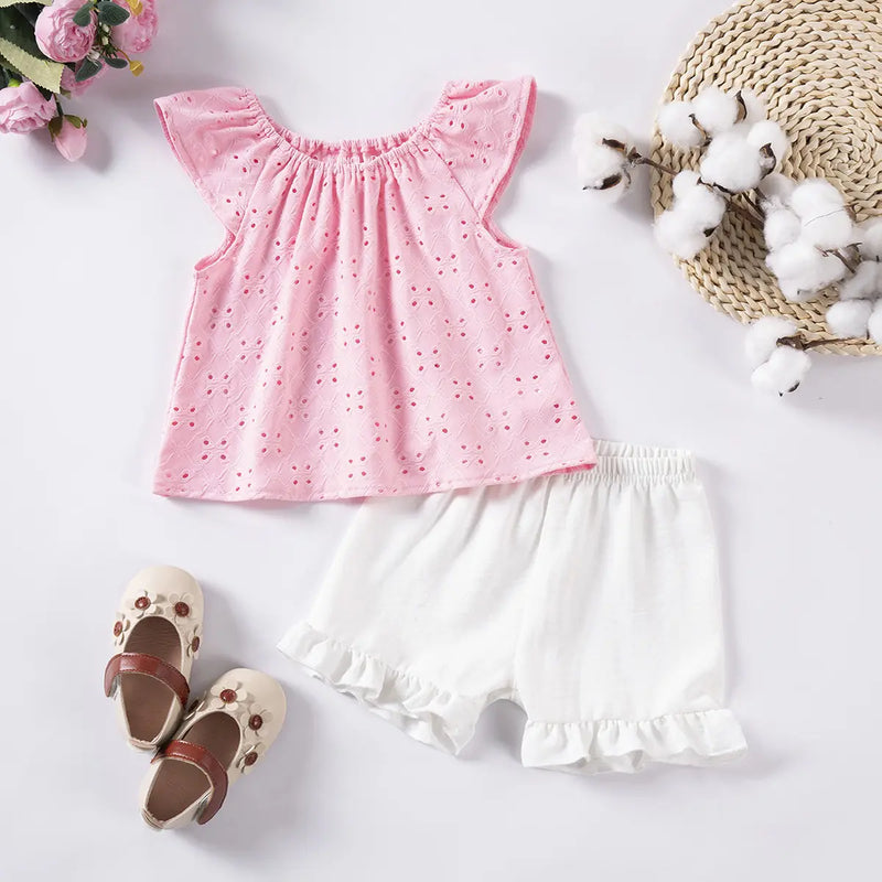 Girls Pink Eyelet Embroidered Top With Ruffle Hem Shorts Set Sets Pink 1-2 Y