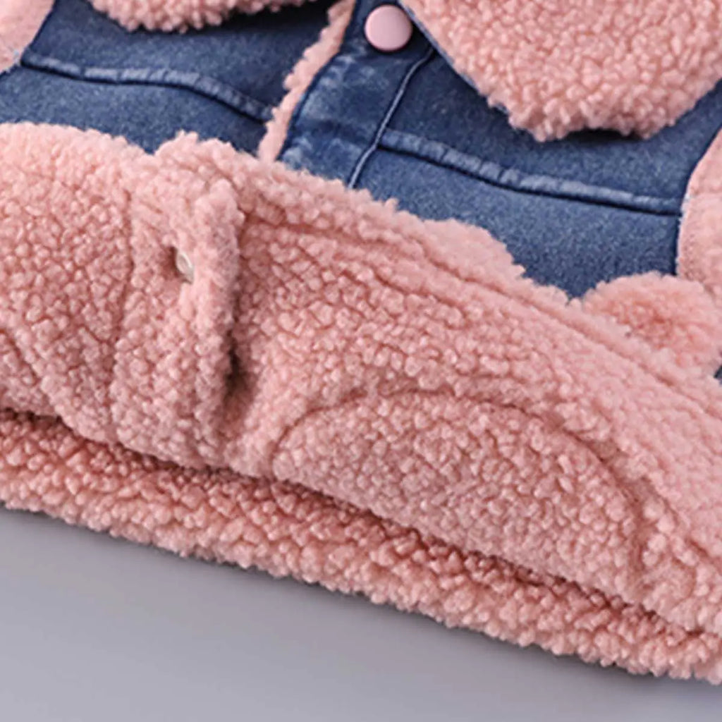 Girls Trendy Sleeveless Denim Jacket with Pink Fleece Lining & Bunny Applique Coats & Jackets