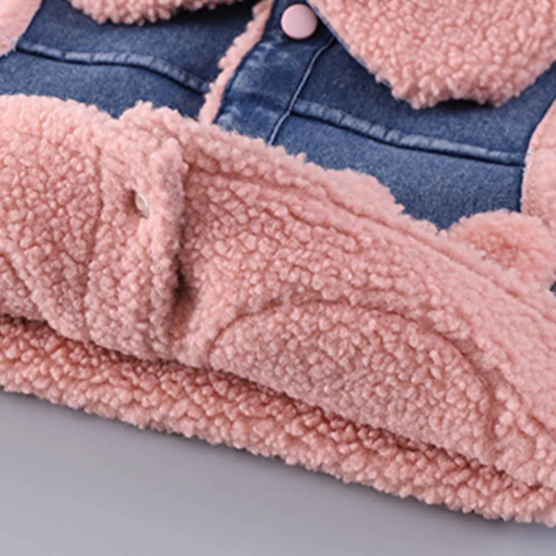 Girls Trendy Sleeveless Denim Jacket with Pink Fleece Lining & Bunny Applique Coats & Jackets