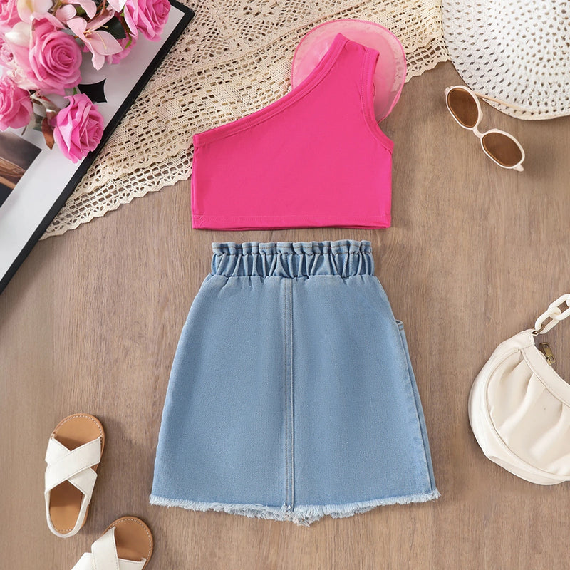 Girls Pink 3D Flower Applique Crop Top With Denim Skirts Set Sets