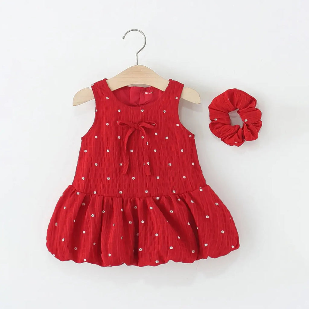 Girls Red Star Print A-line Dress With Matching Hair Tie Casual Dresses