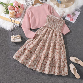 Girls Beige Floral Print Sleeveless Tiered Dress With Shrug Casual Dresses