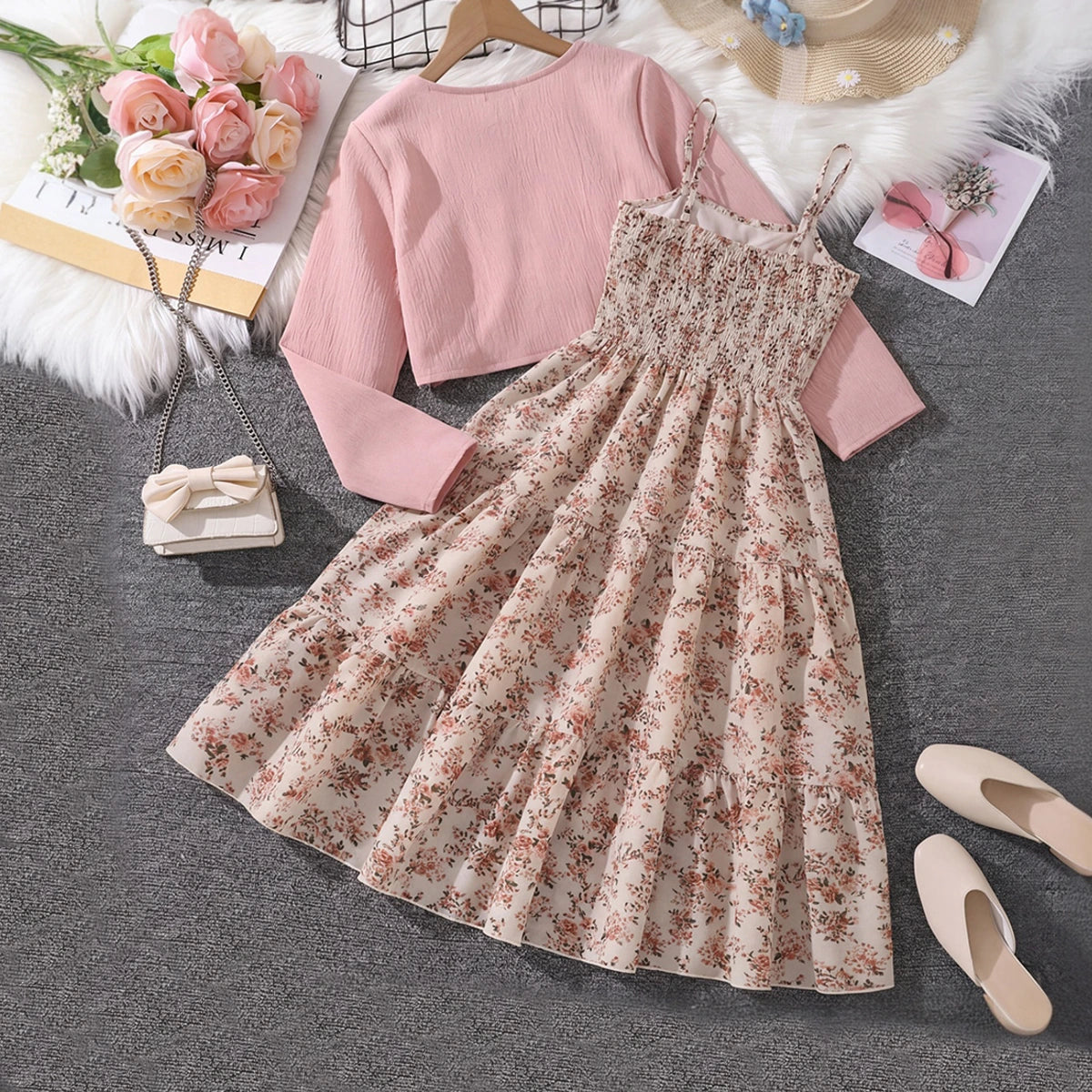 Girls Beige Floral Print Sleeveless Tiered Dress With Shrug Casual Dresses