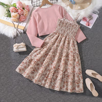 Girls Beige Floral Print Sleeveless Tiered Dress With Shrug Casual Dresses