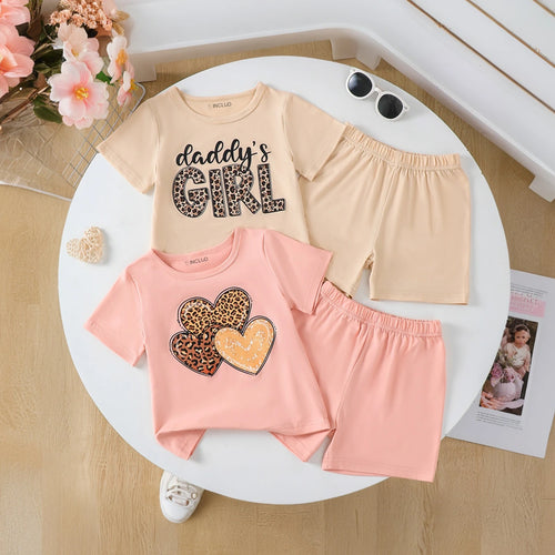 Girls Multicolour Heart Print Short Sleeve T-Shirt With Shorts Sets Pack Of 2 Sets Multicolor 1-2 Y