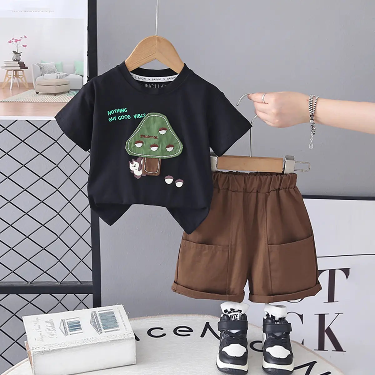 Boys Black Mushroom Graphic T-Shirt With Shorts Sets Sets Black 1-2 Y