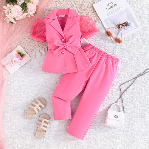 Girls Fuchsia Puff Sleeves Summer Blazer With Trouser Set 2 pc. Sets Fuchsia 2-3 Y