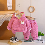 Girls Pink Rabbit Design Quilted Hoodie With Jogger Co-ord Sets