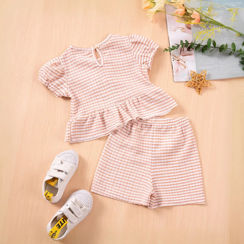 Girls Beige Checked Puff Sleeves Peplum Top With Shorts Co-ord Sets Sets