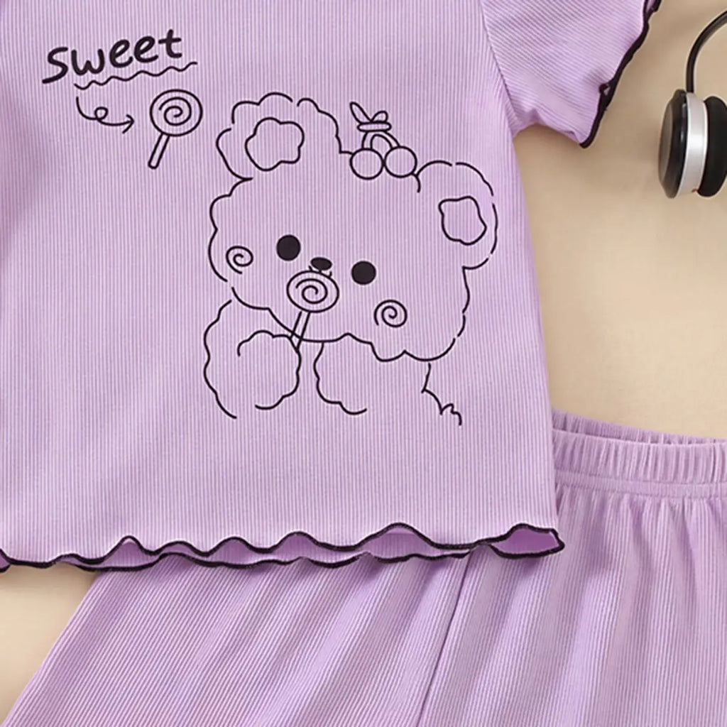 Girls Purple Bear Graphic Printed Short Sleeve Top With Shorts Sets 2 pc. Sets