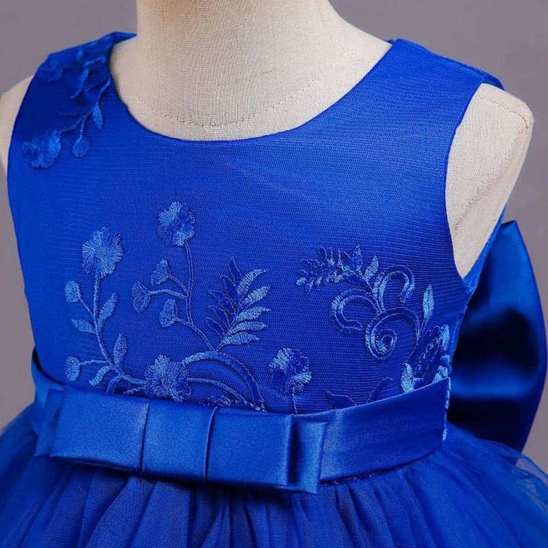 Girls Royal Blue Embroidered Sleeveless Layered Party Dress With Bow Party Dresses