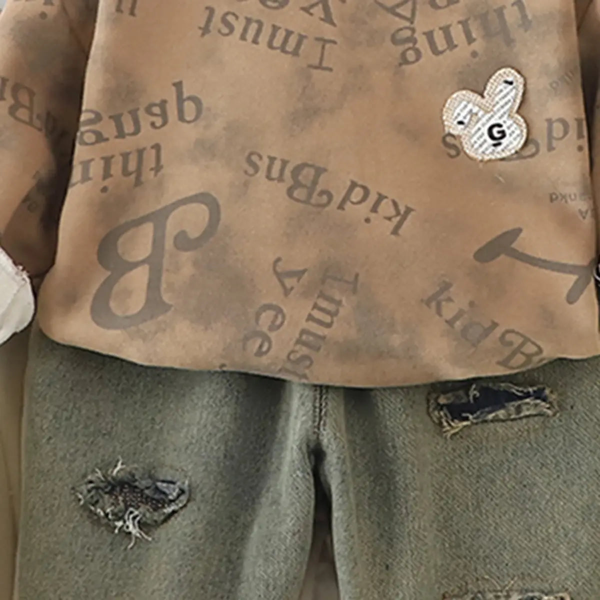 Boys Khaki Typographic Regular Sweatshirt With Denim Trousers Sets 2 pc. Sets