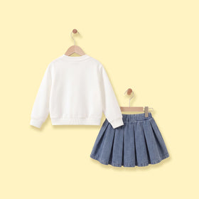 Girls White Bow Applique Sweatshirt With Denim Skirt Sets 2 pc. Sets